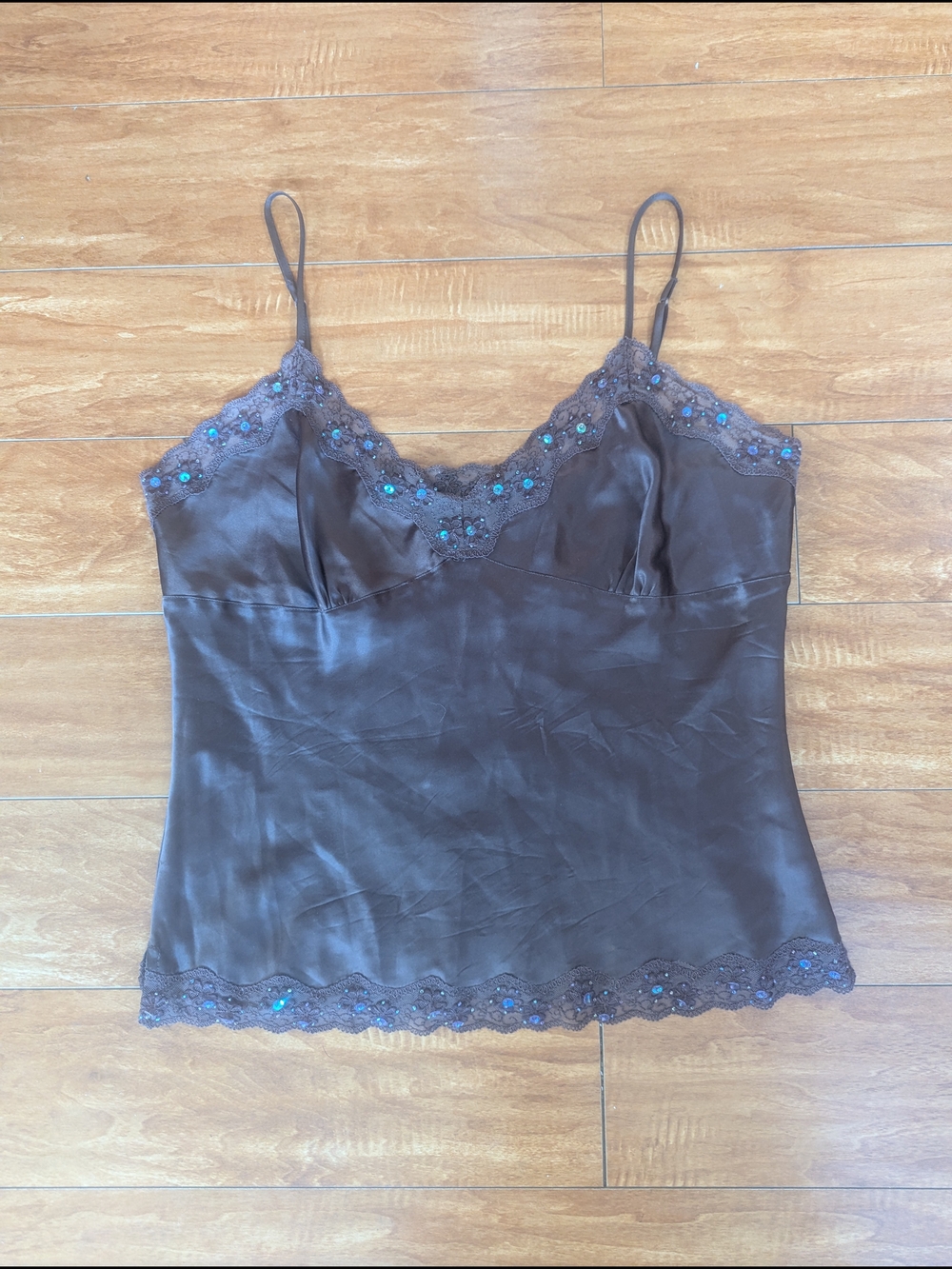 100% Silk Lace-Trim Cami Tank Top - Chocolate brown Y2K